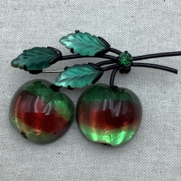 Antique Vintage Cherry Brooch with Green and Red Art Glass - Picture 1 of 6